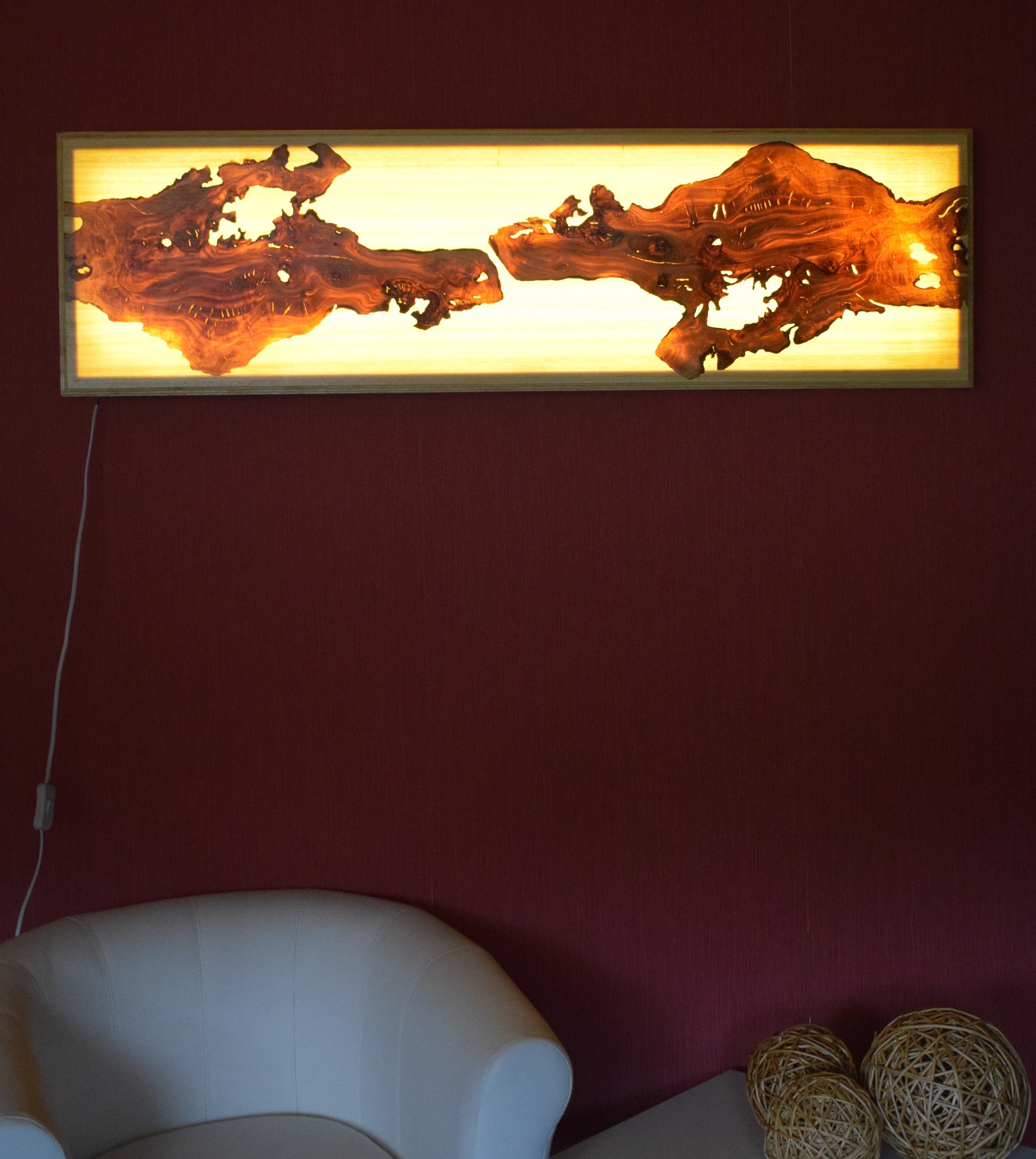 120x30 OLIMBA Wandbild-Lampe mit Olivenholz Relief