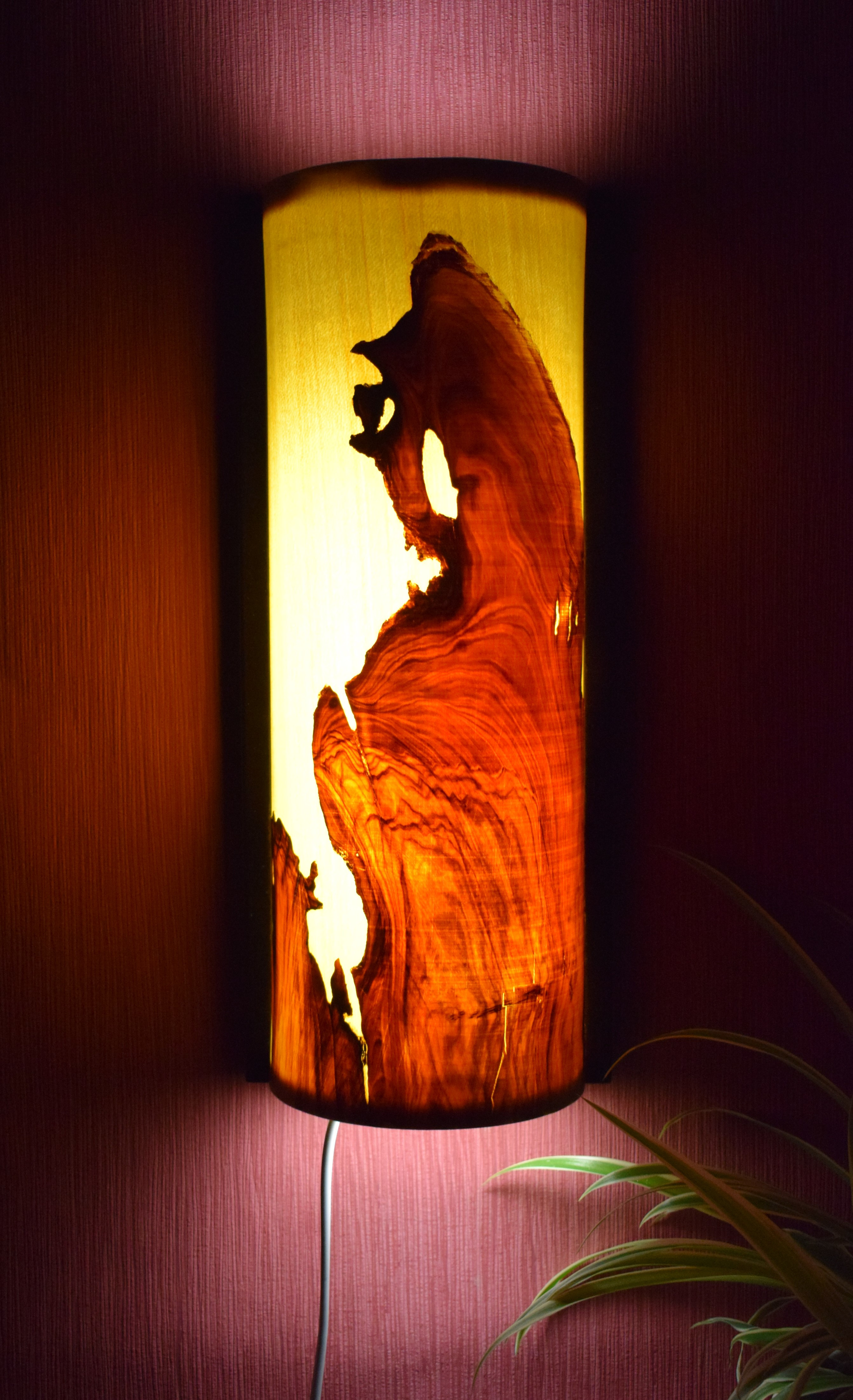 Designer Wandlampe mit Olivenholz Relief (Halbrund) 